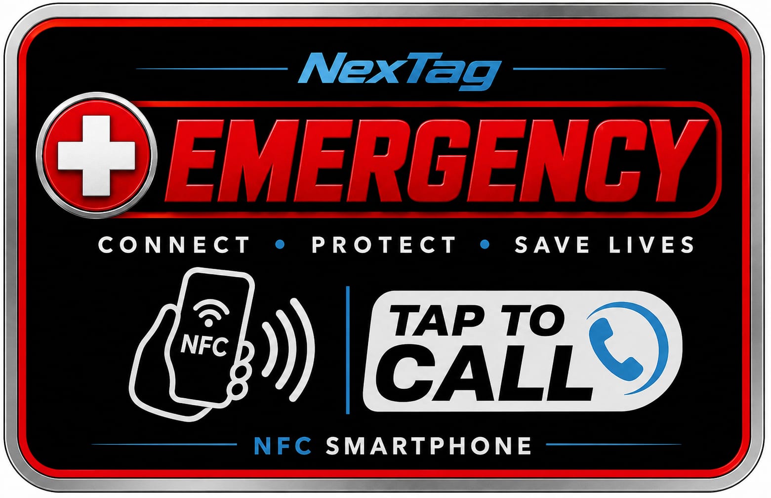 Close-up of the NexTag Emergency NFC tap-to-call sticker
